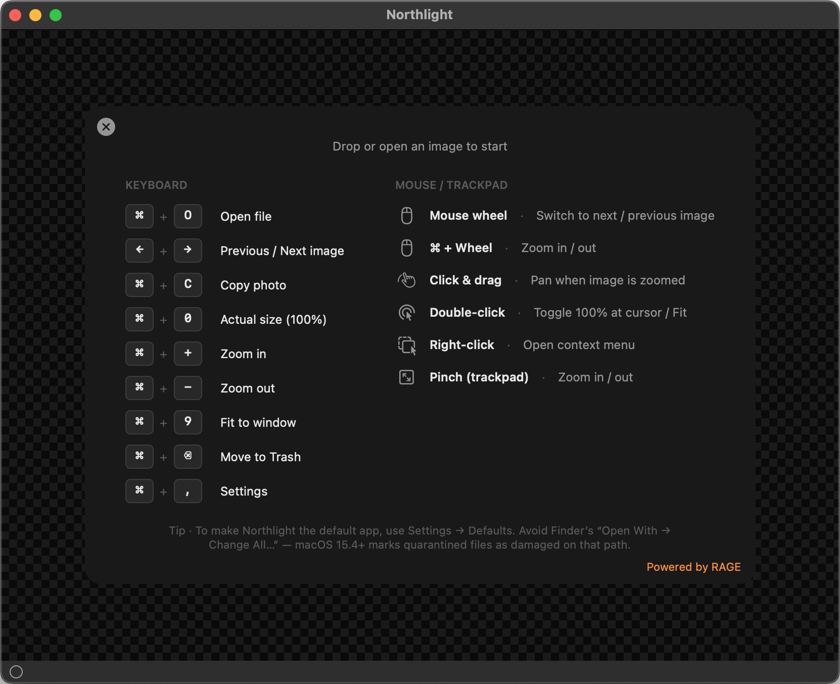Northlight on Mac showing its keyboard, mouse and trackpad controls