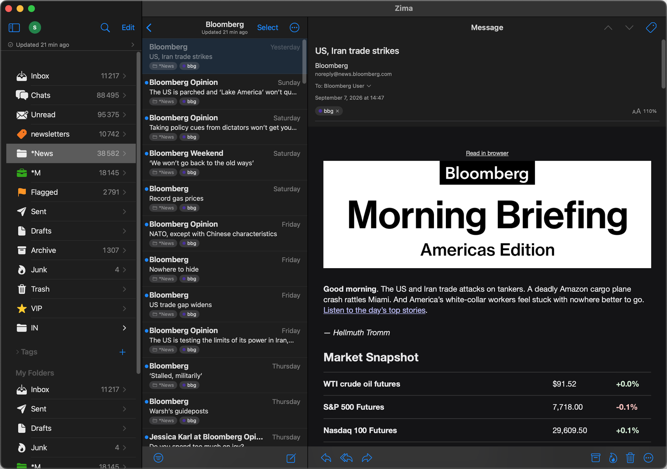 Zima on Mac showing folders, a message list and an open newsletter in a native three-column layout